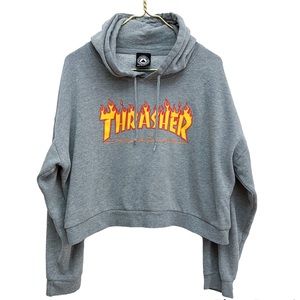 Thrasher Magazine Gray Cropped Flame Graphic Drawstring Hoodie Sweatshirt